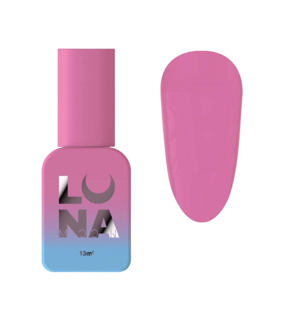 Pink gel nail polish bottle with matching nail color swatch, 13ml, gradient label.
