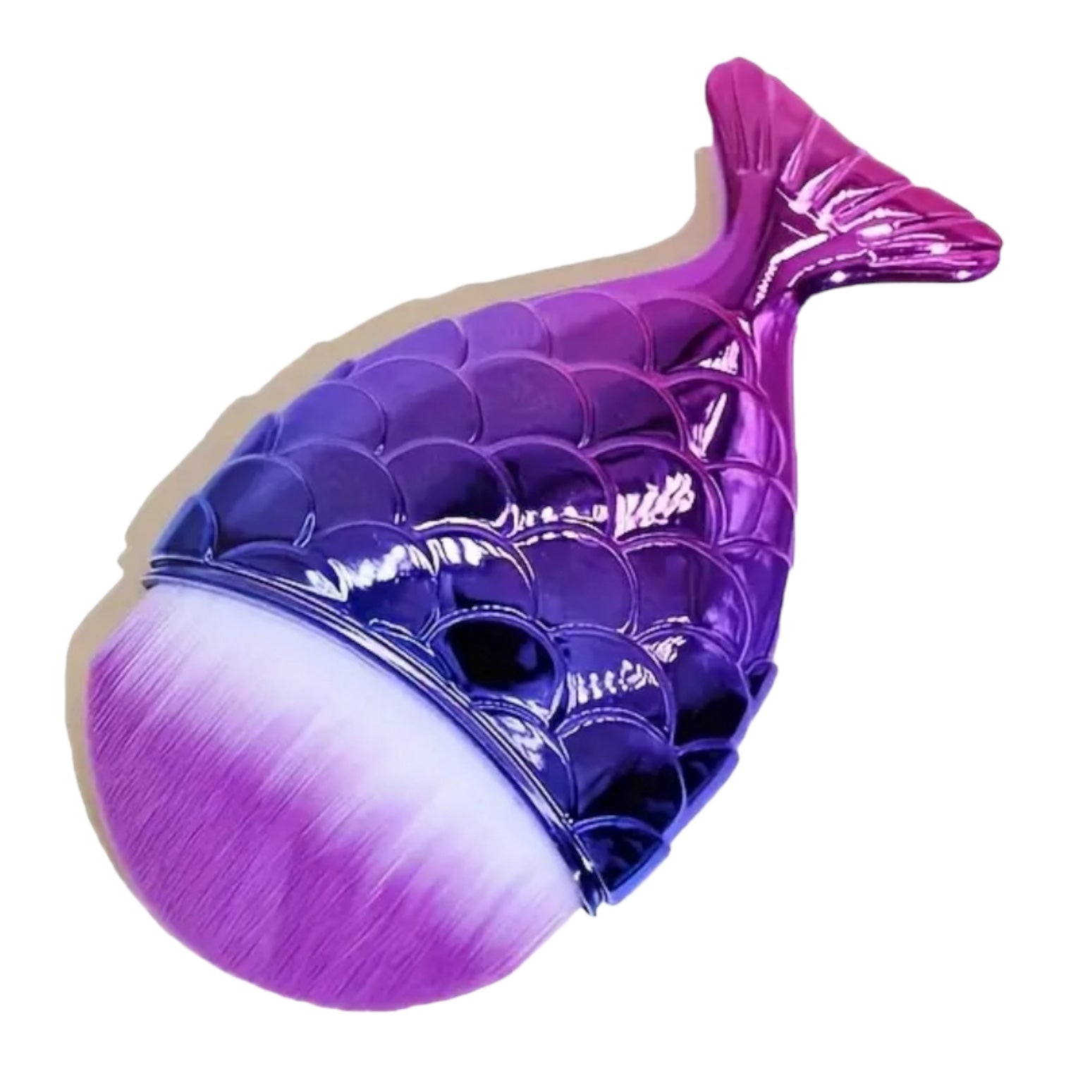 Mermaid tail makeup brush with purple and pink gradient handle, soft bristles for nails