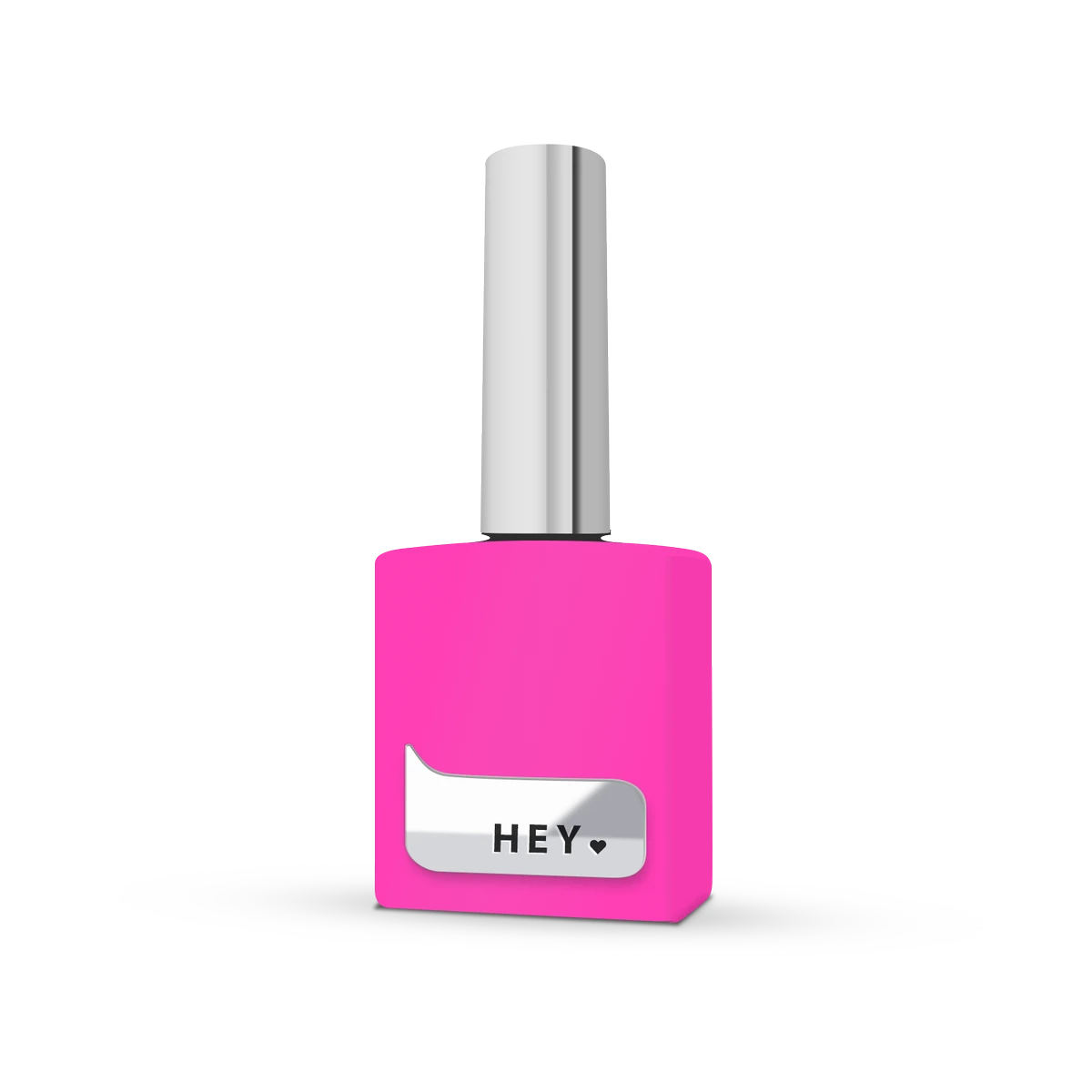 Bright pink nail polish bottle with silver cap and 'HEY' label for manicure
