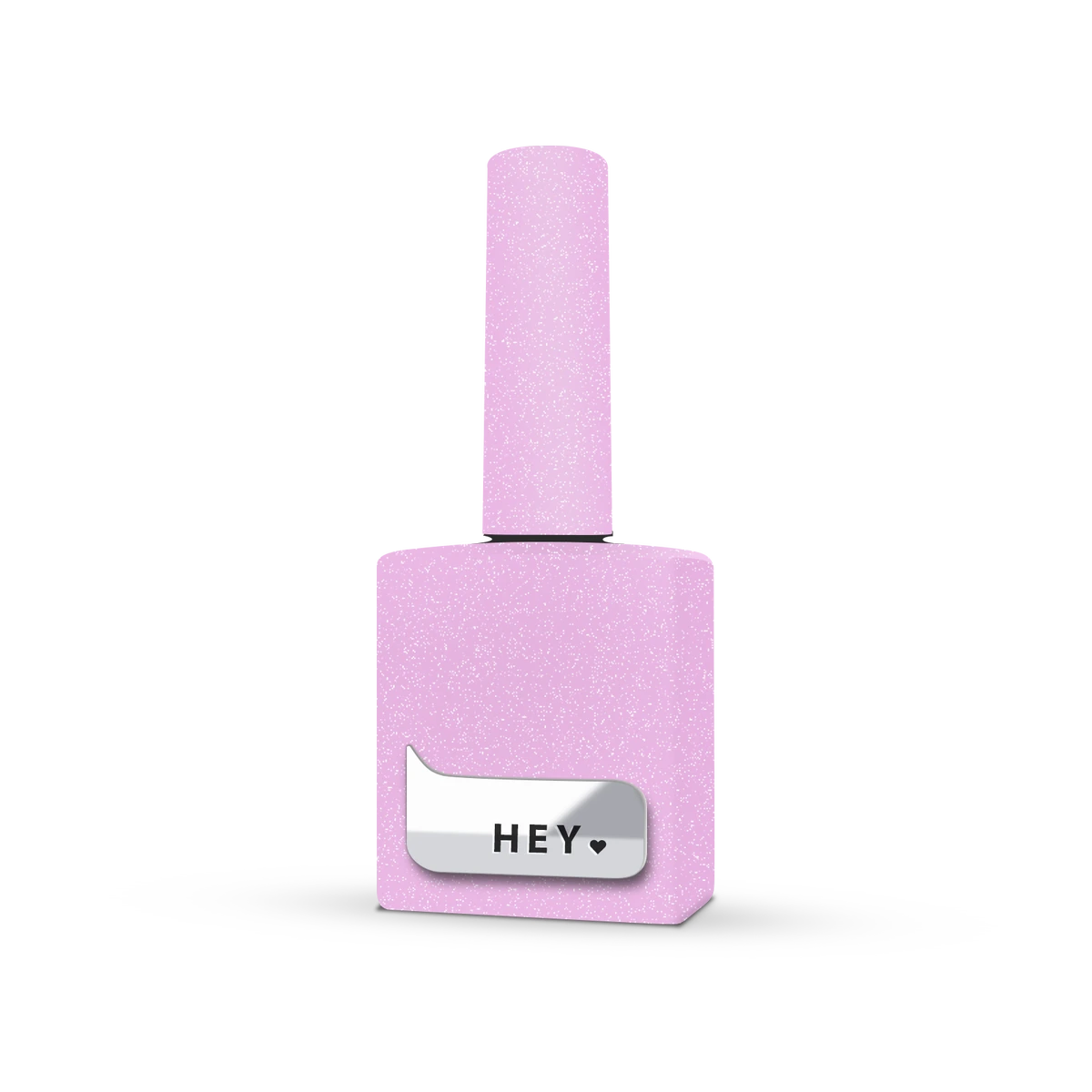 Glitter pink nail polish bottle with silver label on white background