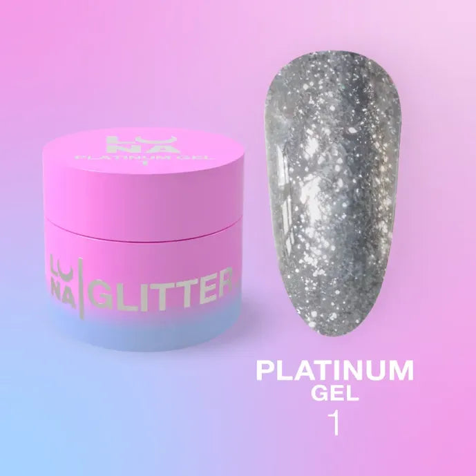 Silver glitter platinum gel nail polish 15ml in pink jar with swatch on gradient background