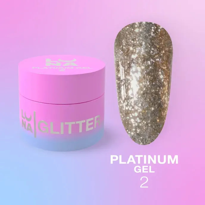 Platinum gel 2 glitter nail gel jar and silver glitter nail swatch on pastel background