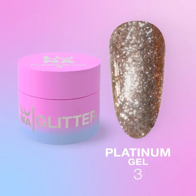 Platinum gel nail glitter in a pink jar with a shimmering silver swatch, UV gel polish.
