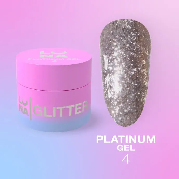 Silver glitter platinum gel nail polish in pink jar with color sample on pastel background