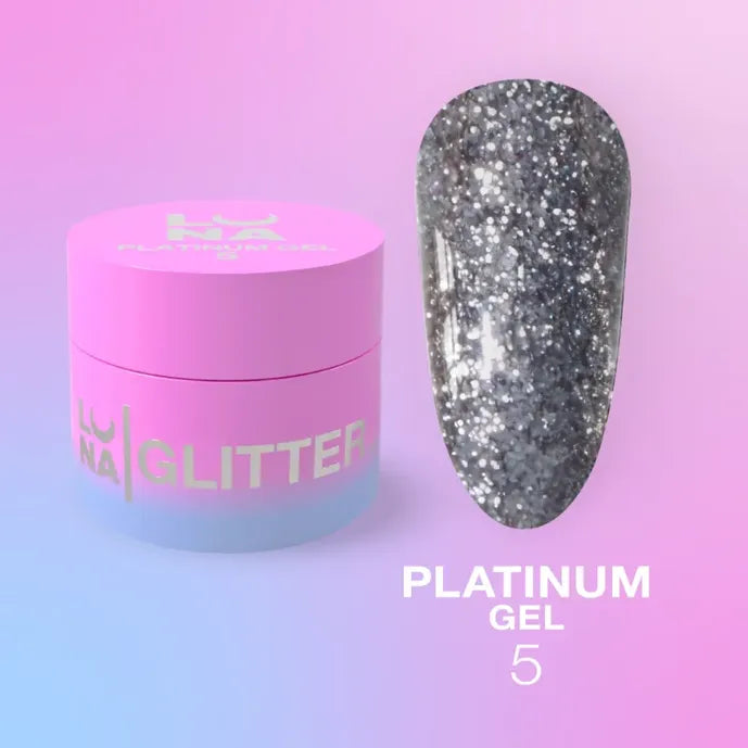 Silver glitter UV gel for nails in pink container with Platinum Gel 5 swatch on gradient background