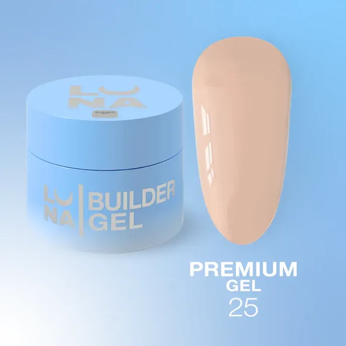 Nude pink premium builder gel for nails in a blue jar with sample swatch