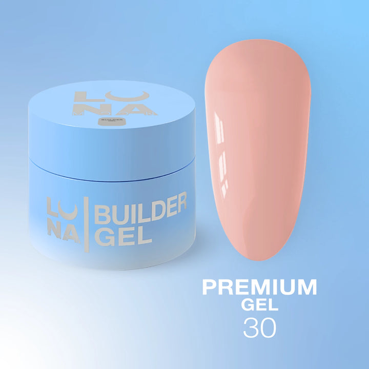 Luna Builder Gel container with a pink nail on a blue background
