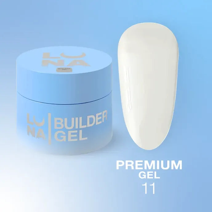 Light blue jar of builder gel with white premium gel swatch for nail extensions