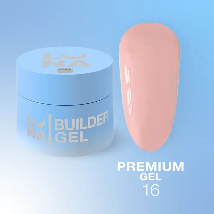 Light pink builder gel swatch and blue jar labeled builder gel for professional nails