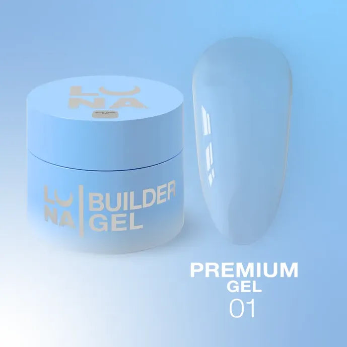 Light blue builder gel jar with matching glossy nail swatch, premium gel for manicure.