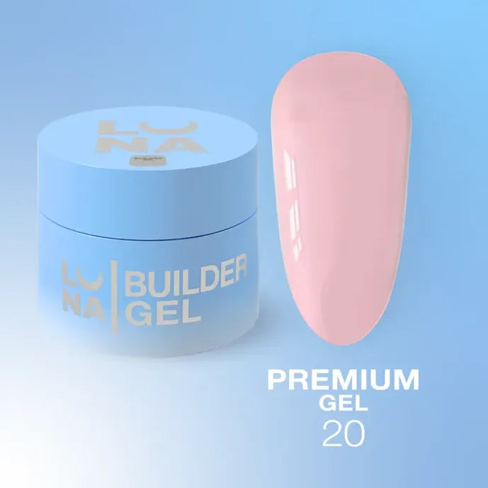 Light blue jar of builder gel with pink nail polish swatch, labeled premium gel 20.
