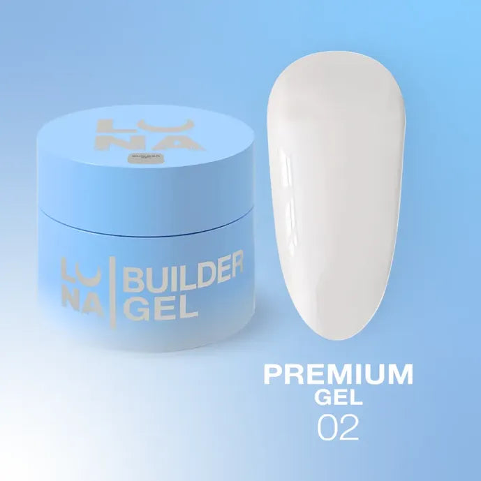 Blue jar of builder gel with a white gel swatch, labeled Premium Gel 02, for nails.