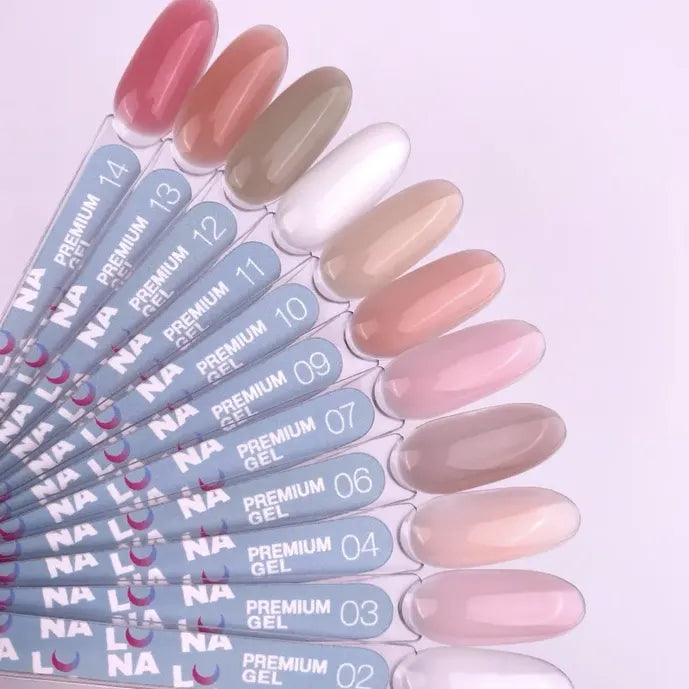 Assorted premium builder gel nail color swatches for manicure display, natural polish shades