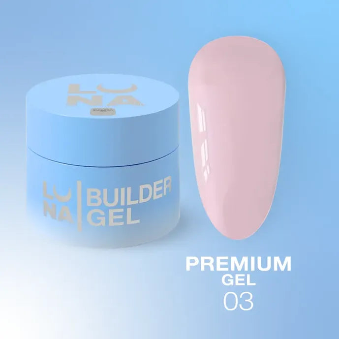 Light blue jar of builder gel with pale pink nail sample, labeled premium gel 03.