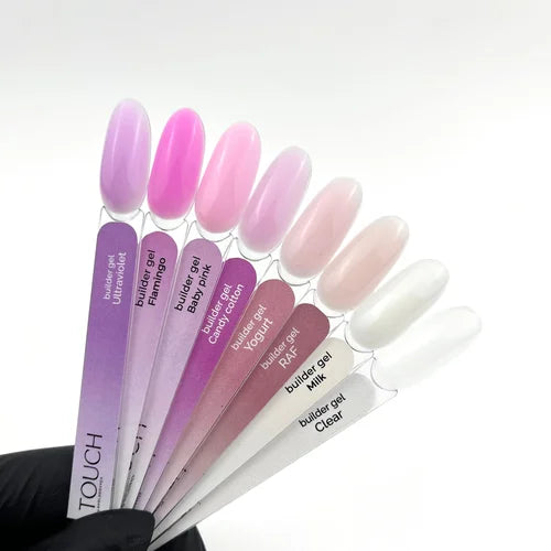 Set of builder gel samples with color names on a white background