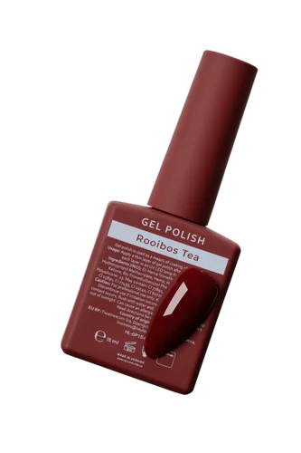 Rooibos Tea gel polish bottle with matching deep red nail sample