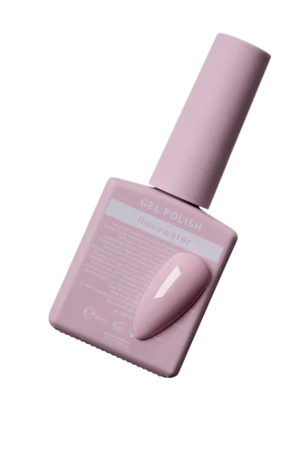 RoseWater gel nail polish bottle in pastel pink with matching swatch, professional manicure product