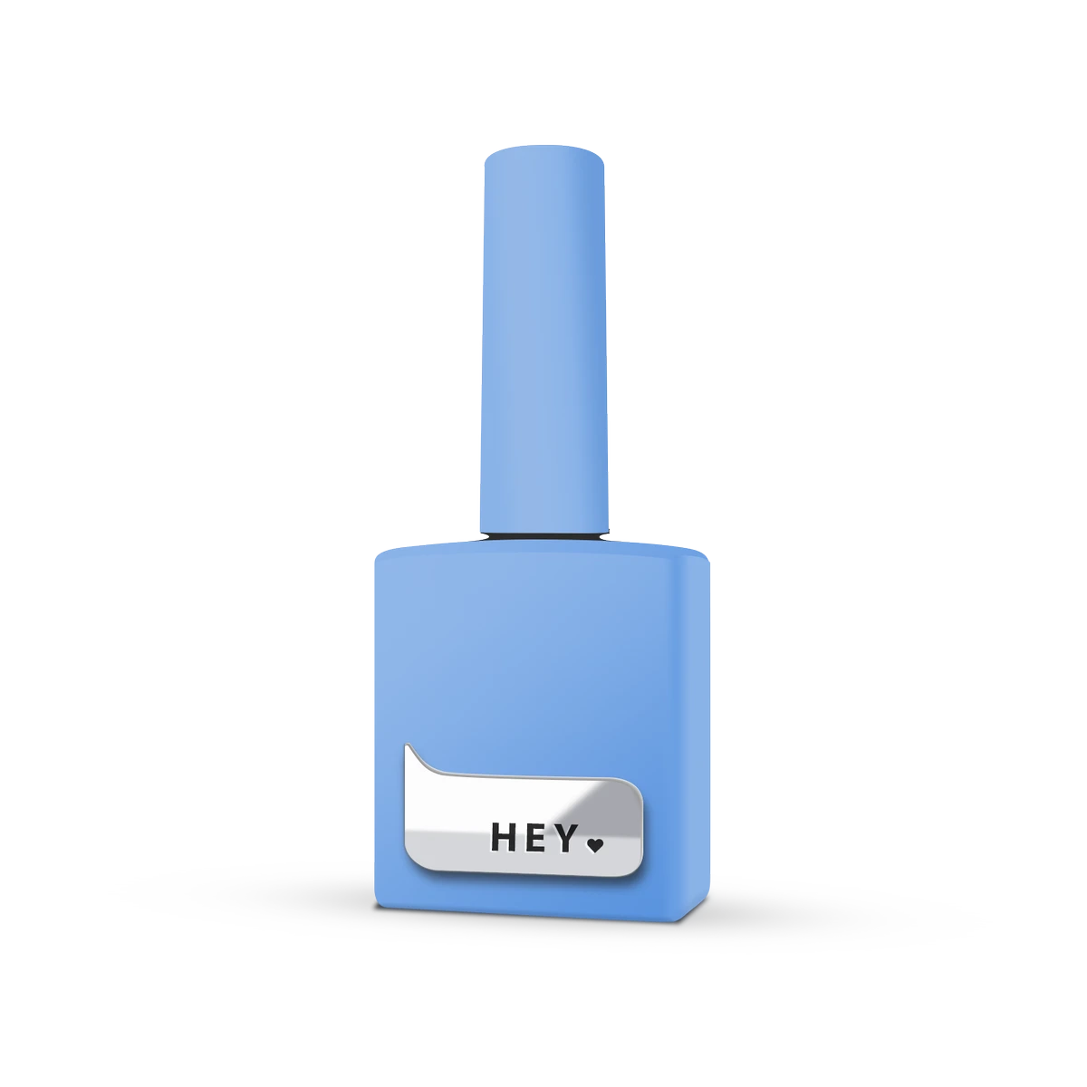 Blue gel nail polish bottle with silver label and HEY text, manicure accessory