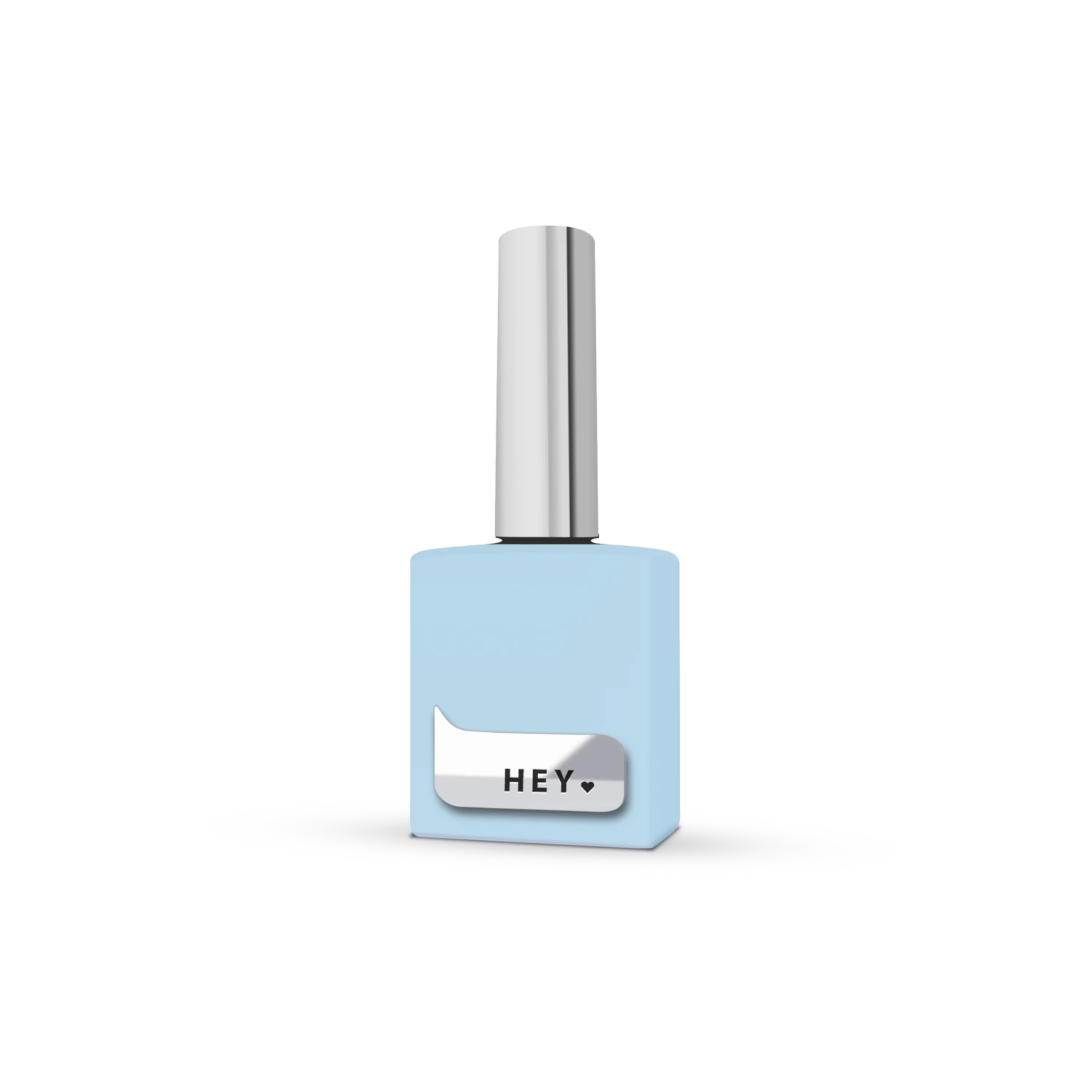 Light blue nail polish bottle with silver cap and 'HEY' label for manicure