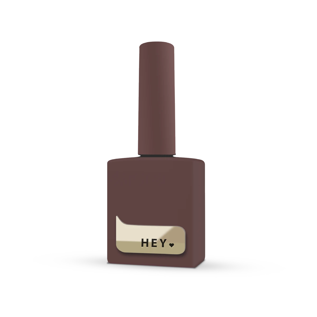 Brown gel nail polish bottle with beige label and 'HEY' text, manicure supplies