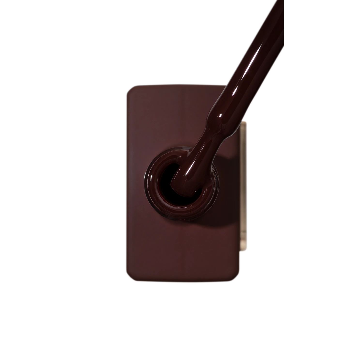 Dark brown gel nail polish bottle with brush applicator, professional manicure product