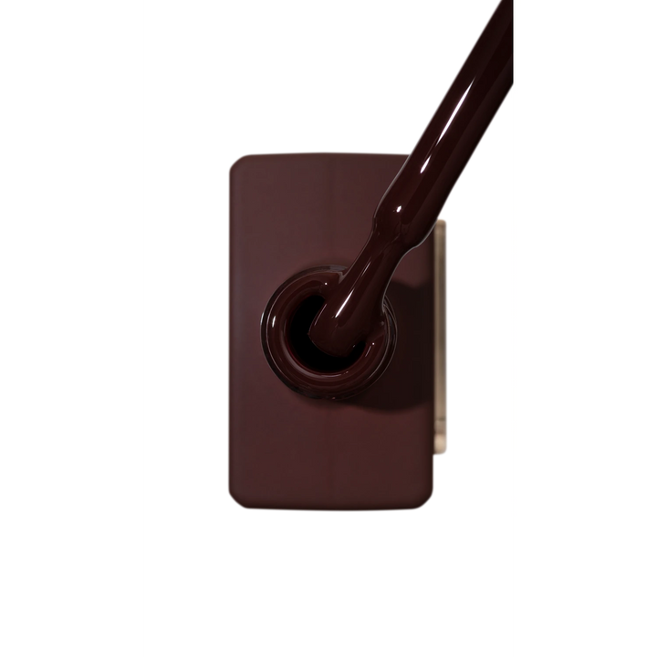 Dark brown gel nail polish bottle with brush applicator, professional manicure product