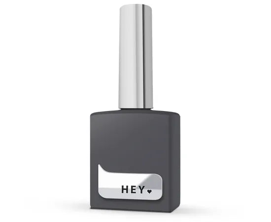 Black rubber base nail polish bottle with silver cap and 'HEY' label, manicure product