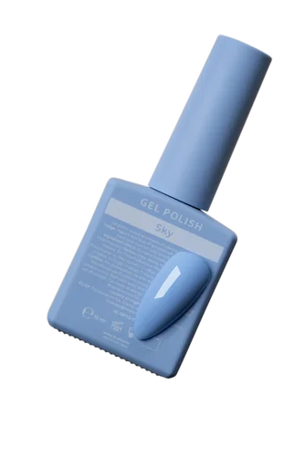 Pastel blue gel nail polish bottle labeled 'Sky' with matching color swatch, manicure product