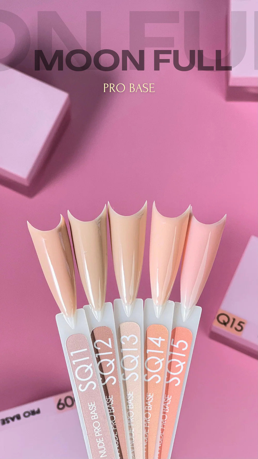 Nude gel nail polish color swatches labeled SQ11 to SQ15 on a pink background
