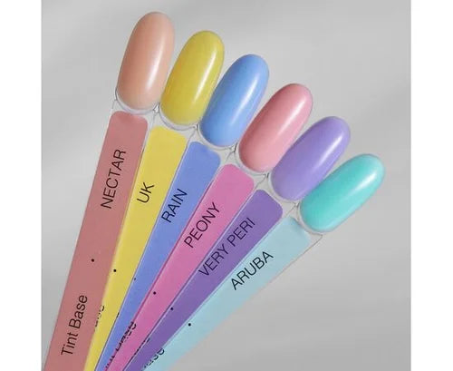 Pastel gel nail polish color swatches labeled Nectar, UK, Rain, Peony, Very Peri, Aruba