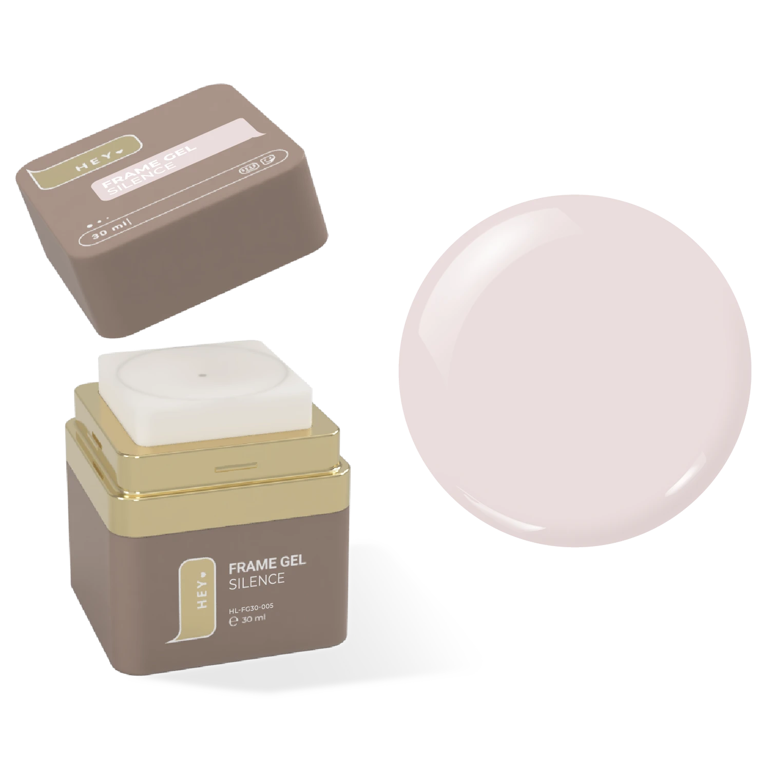 Frame Gel Silence nude pink nail gel in square gold and brown jar with color swatch