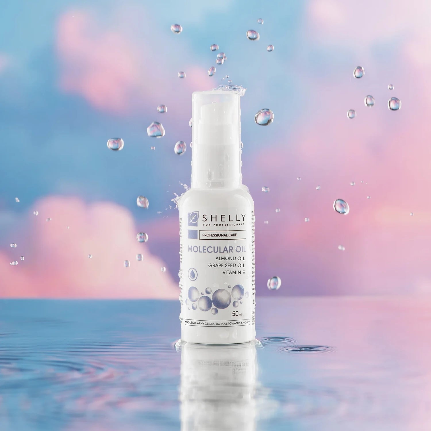 Molecular oil bottle with almond and grape seed oil on reflective surface and pastel sky background