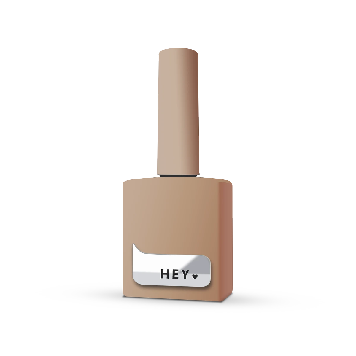 Nude beige nail polish bottle with silver label and 'HEY' text, manicure product