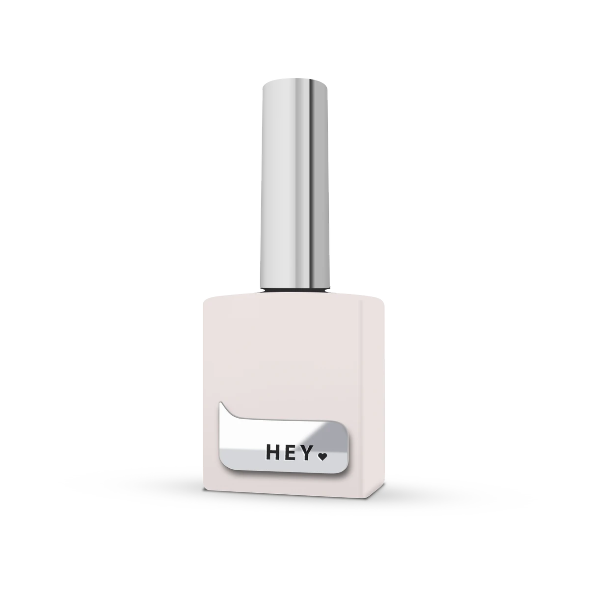 Soft nude nail polish bottle with silver cap and 'HEY' label, professional manicure product
