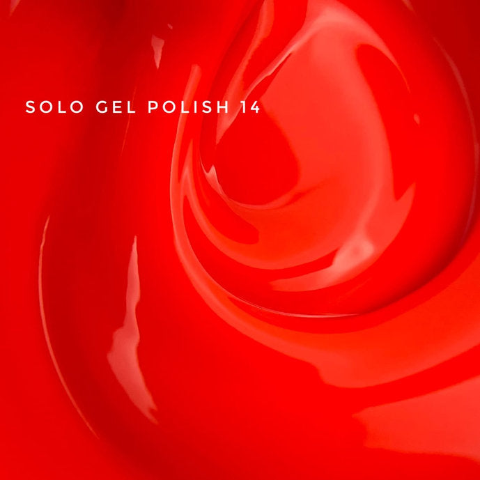 Vibrant red gel nail polish texture with Solo Gel Polish 14 text overlay.