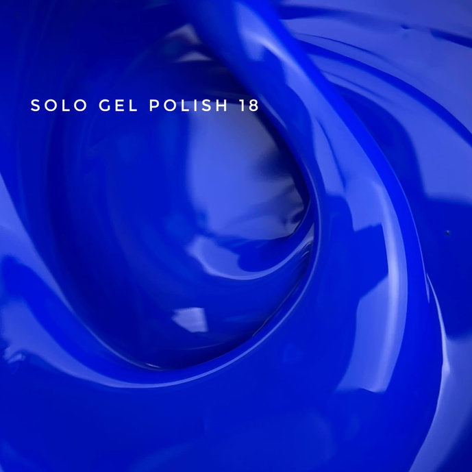 Vibrant royal blue gel nail polish texture with Solo Gel Polish 18 label