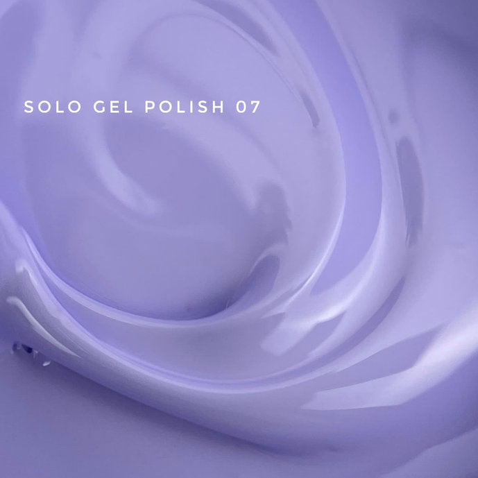 Glossy lavender gel nail polish texture, labeled Solo Gel Polish 07, ideal for manicures