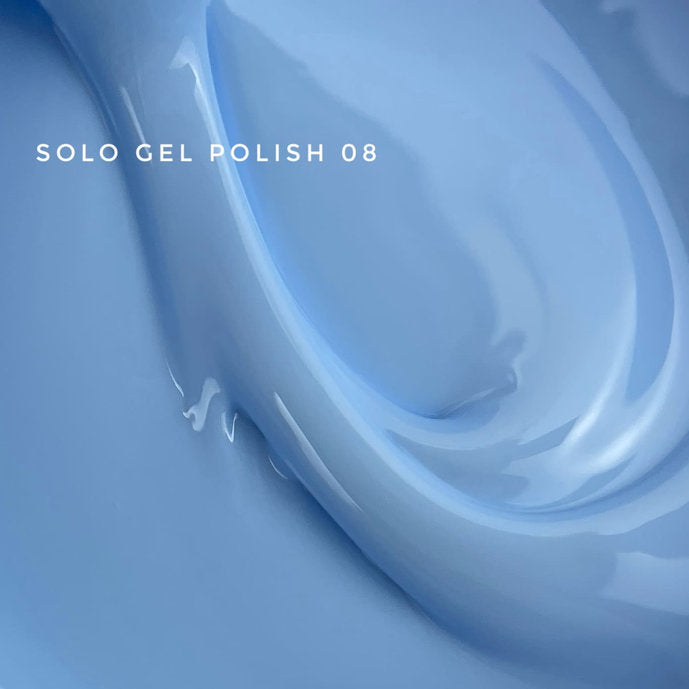 Glossy pastel blue gel nail polish texture, labeled Solo Gel Polish 08, manicure product