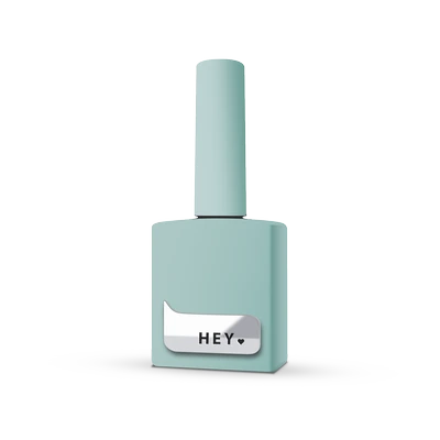 Light aqua green nail polish bottle with 'HEY' label, professional manicure product