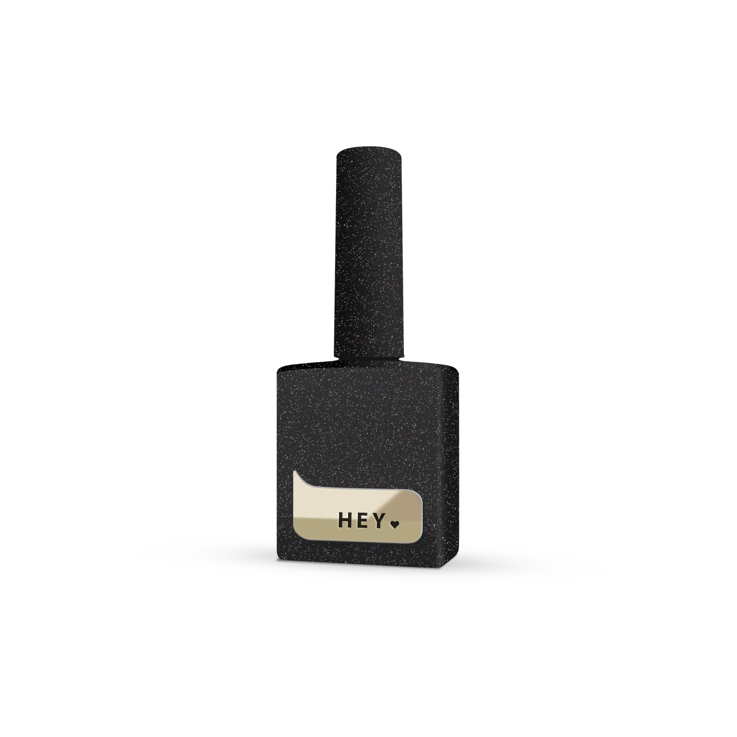 Black glitter gel nail polish bottle with gold label on white background