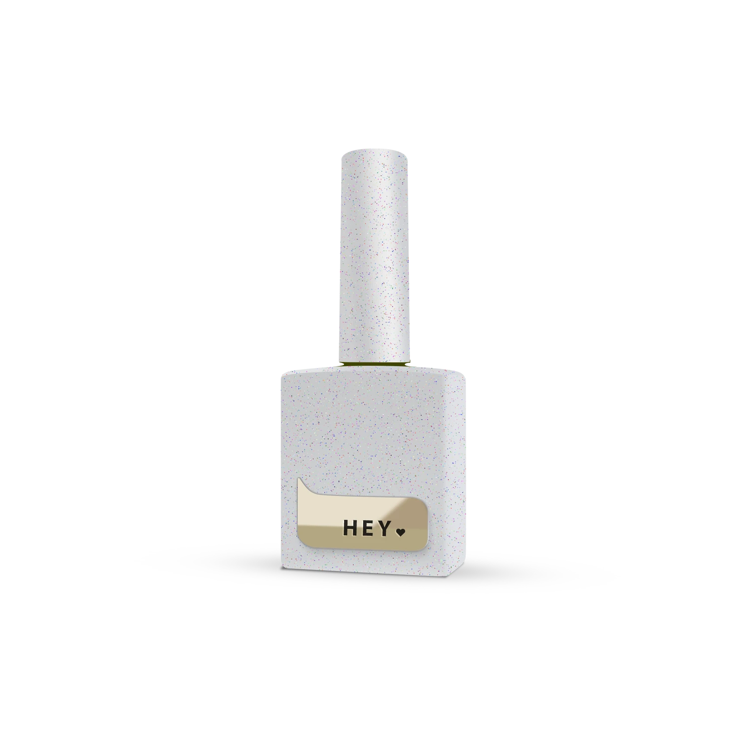 White speckled UV gel polish bottle with gold HEY label for manicure and nail art