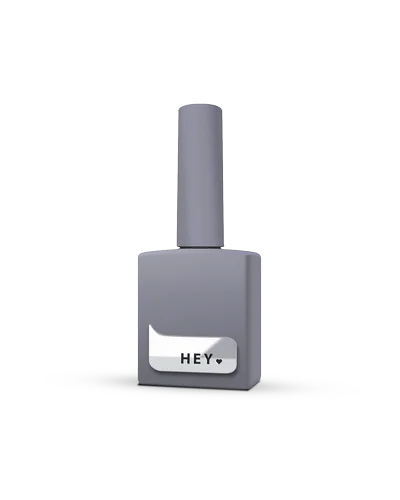 Gray gel nail polish bottle with 'HEY' label, used for professional manicure