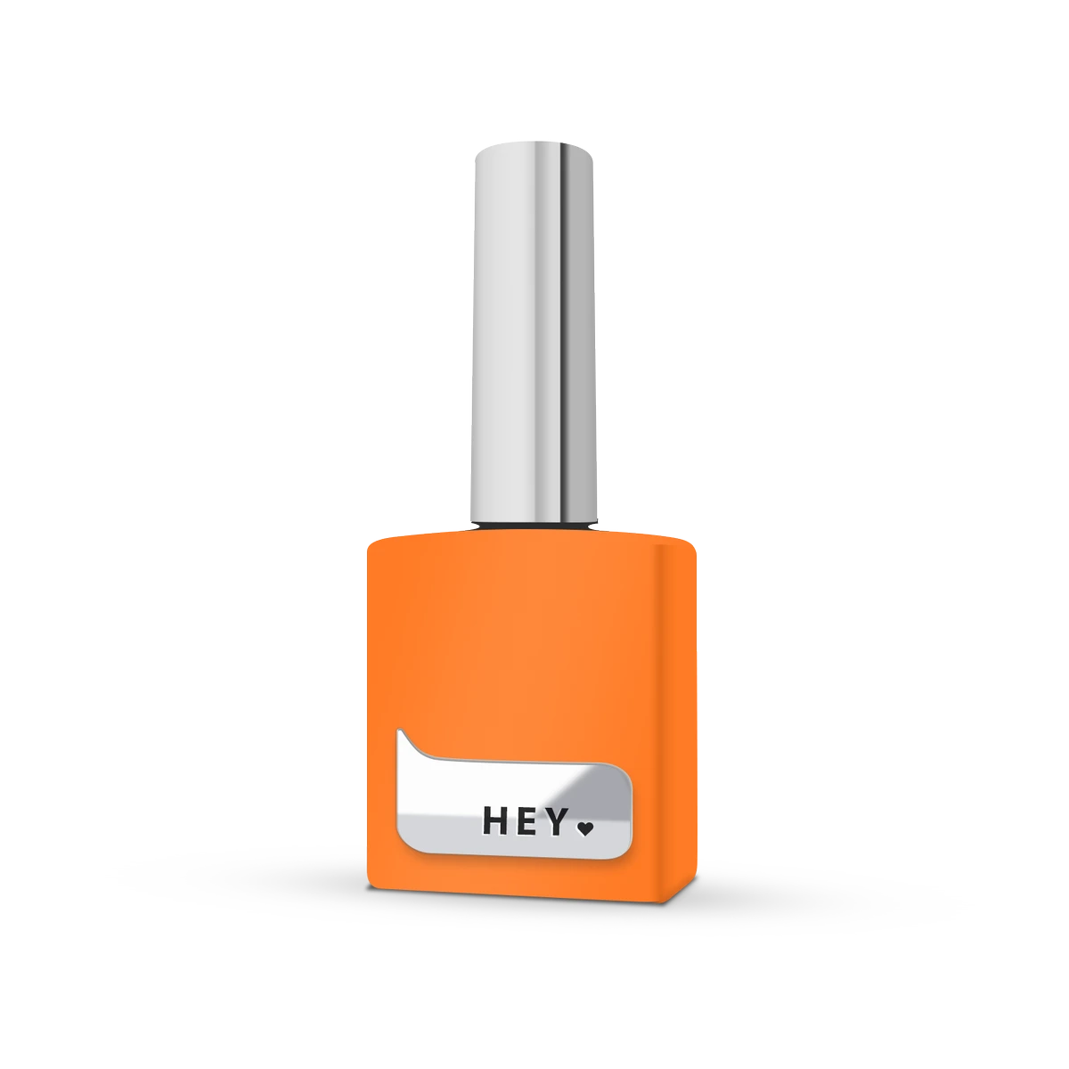 Bright orange nail polish bottle with metallic cap for manicure, labeled 'HEY'.