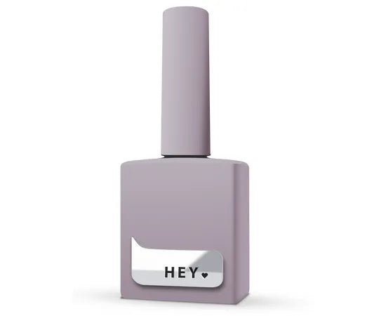 Lavender nail polish bottle with long cap, silver label and 'HEY' text, on white background.