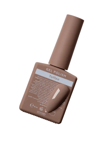 Brown gel nail polish bottle labeled Toffee with matching color swatch on white background