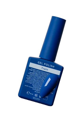 Blue gel polish bottle with matching blue sample tip, labeled 'Train' for manicure use