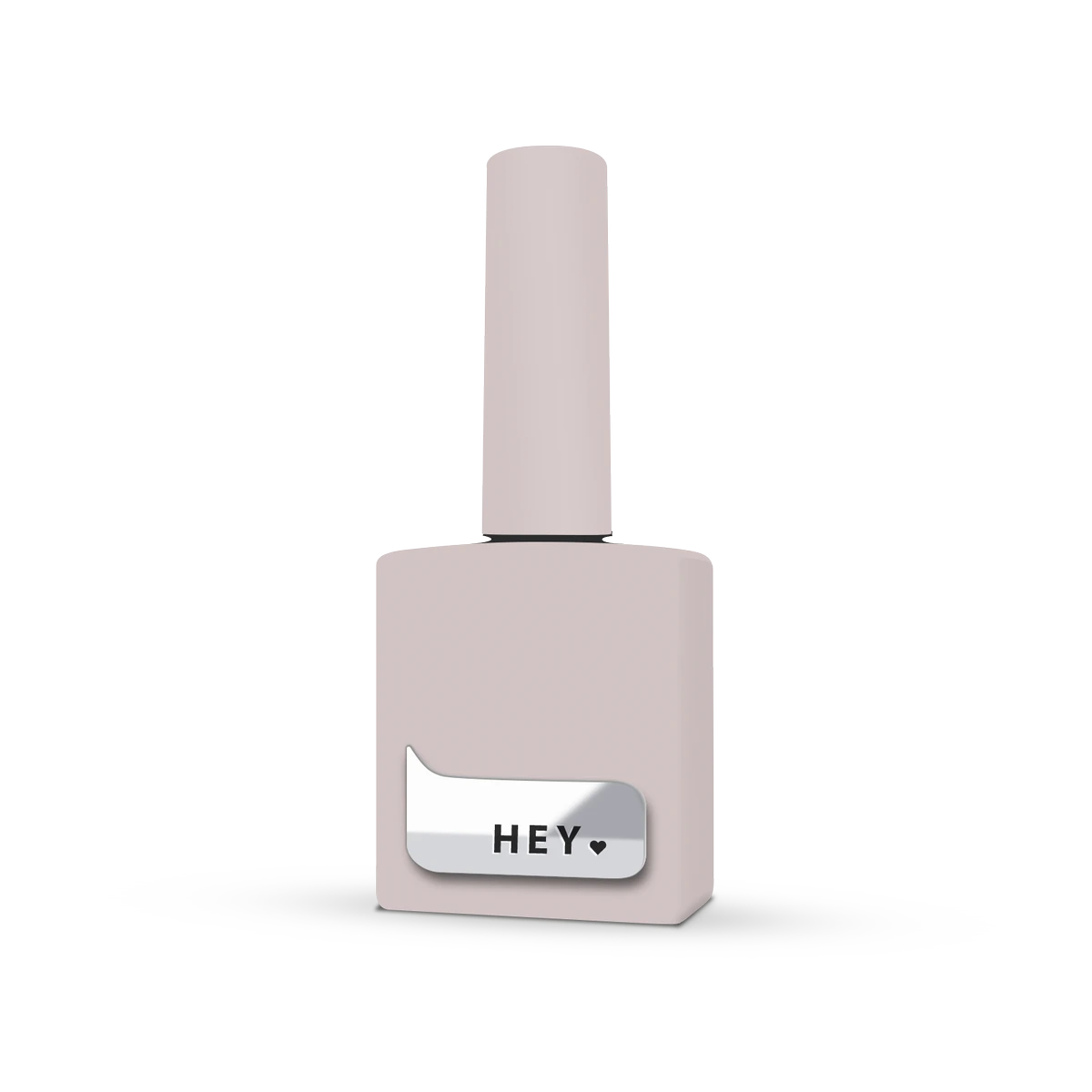 Neutral pink gel nail polish bottle with silver 'HEY' label, manicure supplies