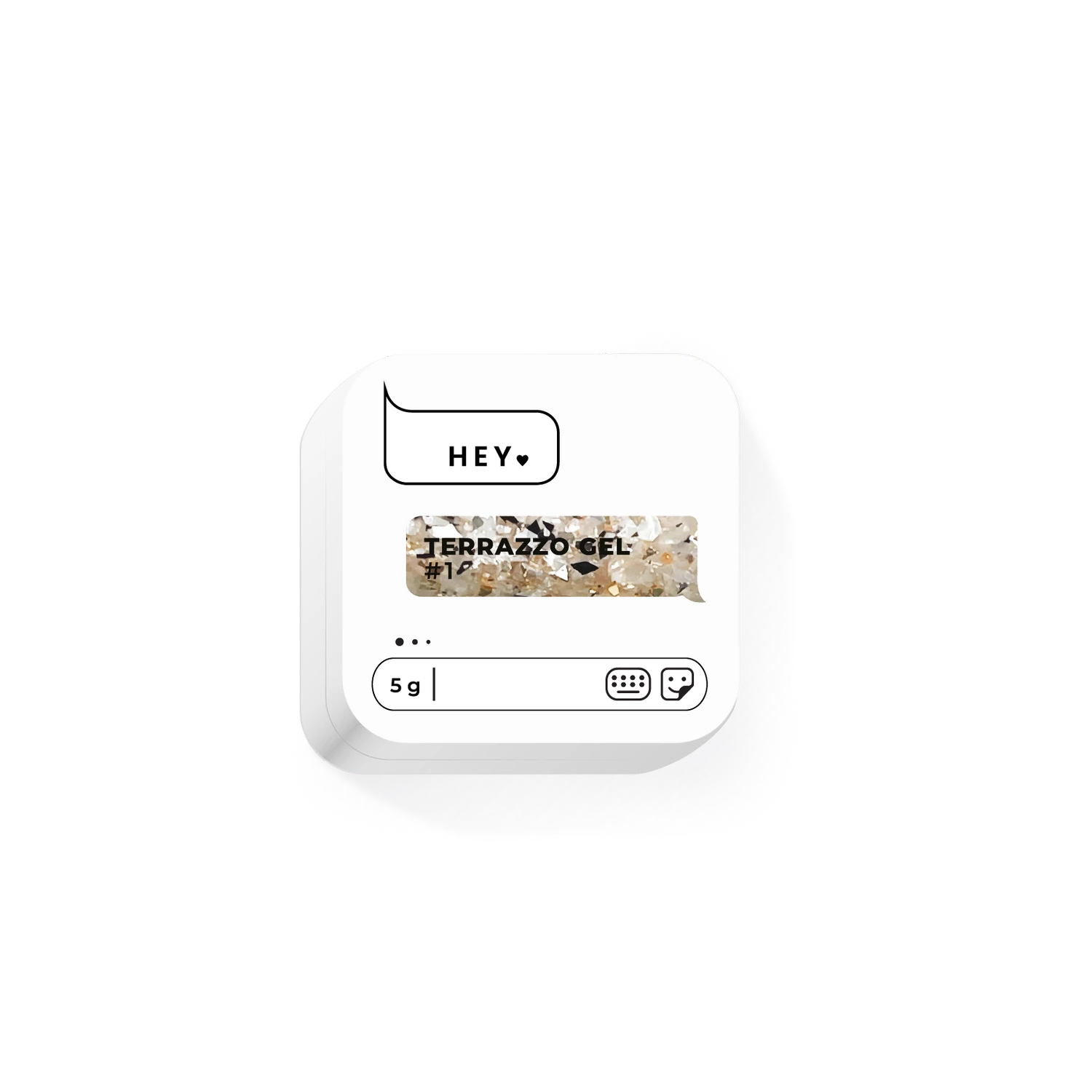 Terrazzo gel nail art product in a white container with gold and silver glitter pieces, 5g.