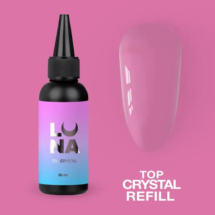 60ml LUNA Top Crystal nail gel refill bottle with glossy swatch on pink background