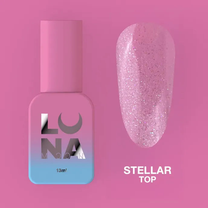 Pink glitter gel polish bottle and swatch for manicure, labeled Stellar Top, on pink background.
